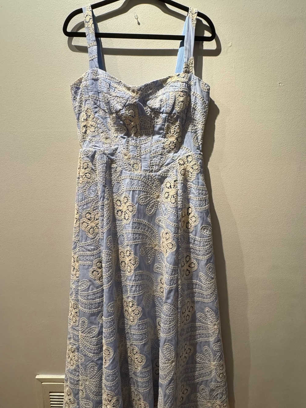 Bardot Light Blue and White Embroidered Eyelet Midi Wedding Guest Dress